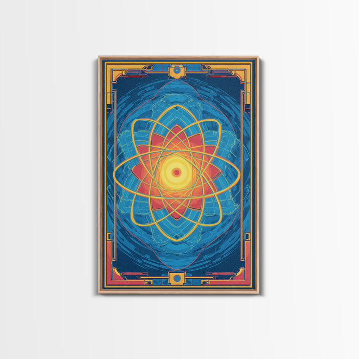 Radiant Atomic Mandala Framed Canvas Print, Midcentury Modern Art, Blue Geometric Wall Decor, Retro Sci Fi Home Poster Gift