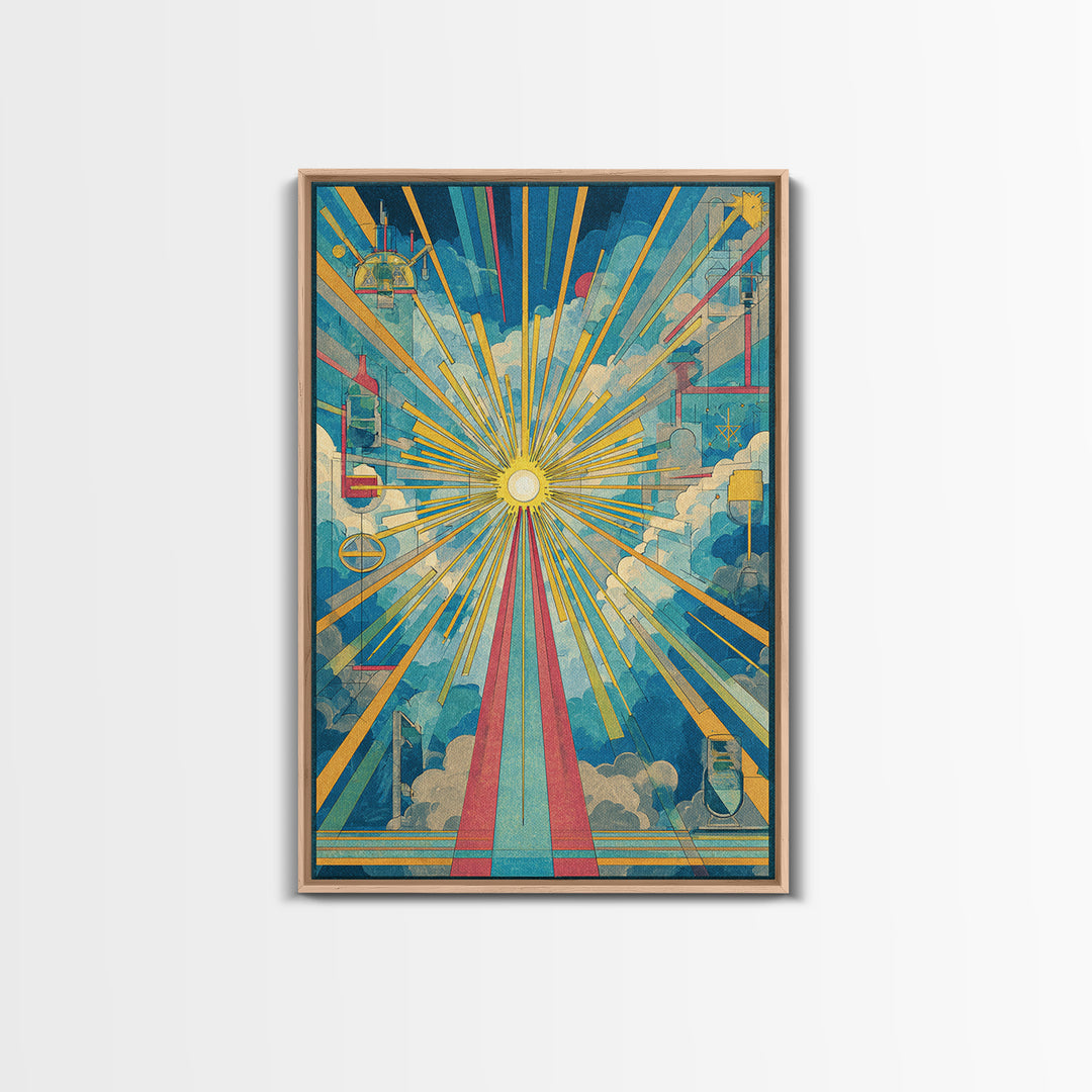 Radiant Cloud Cathedral Canvas Print, Midcentury Modern Sun Rays Poster, Colorful Geometric Sky Wall Art, Retro Home Decor