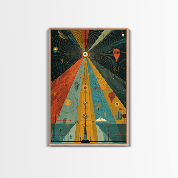 Prismatic Cosmic Beams Wall Art, Midcentury Modern Abstract Space Poster, Retro Geometric Sci Fi Decor, Colorful MCM Print