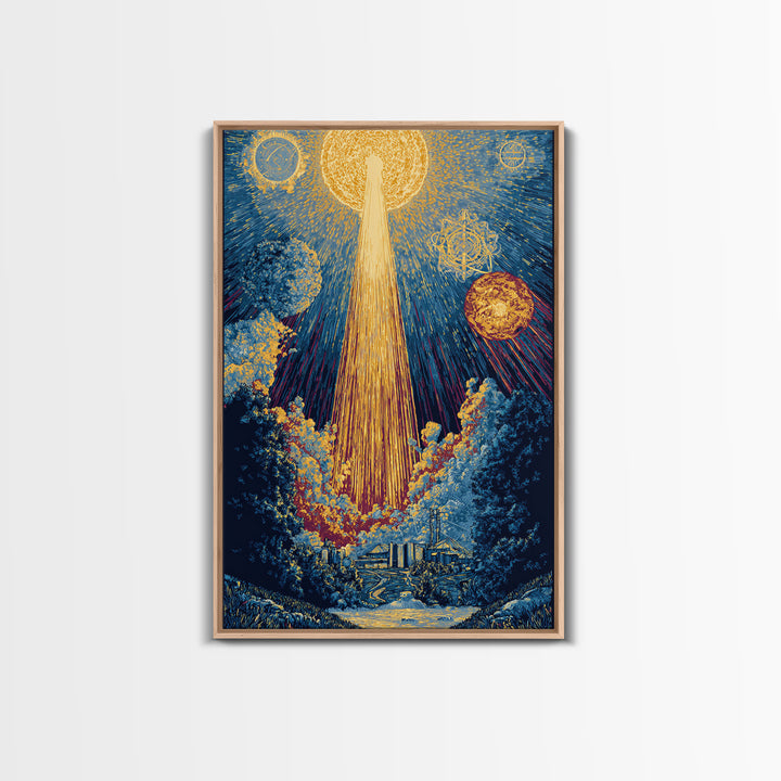 Golden Celestial Beam Canvas Print, Modern Abstract Art, Cosmic Sun Landscape Poster, Blue Yellow Wall Decor, Spiritual Gift