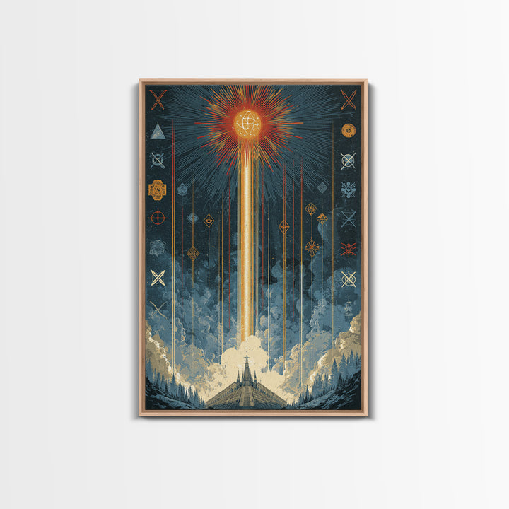 Mystic Rocket Launch Wall Art, Midcentury Modern Space Poster, Celestial Sunburst Landscape, Retro Sci Fi Office Decor Print