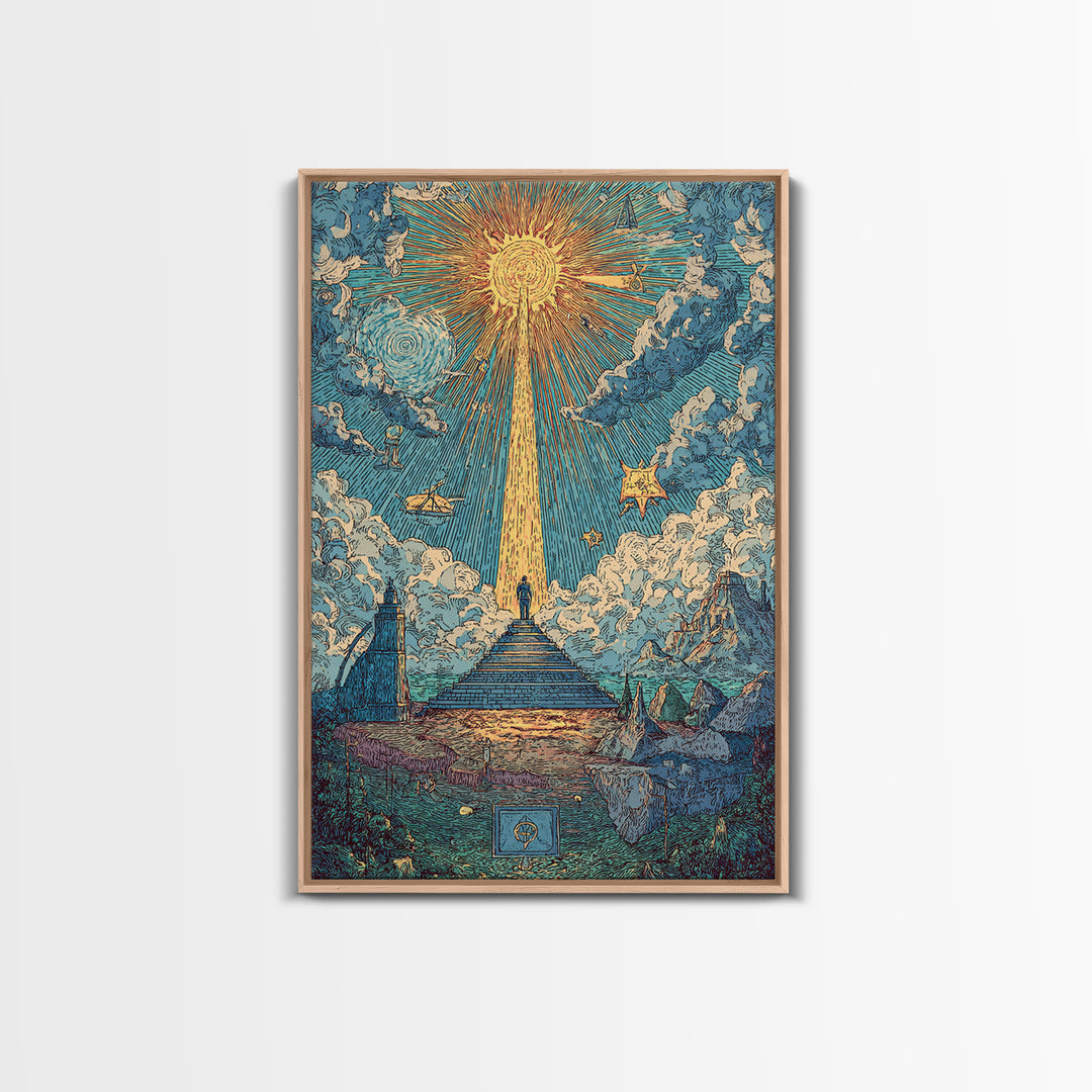 Stairway To Radiant Sun Wall Art, Modern Celestial Landscape Poster, Blue Cloud Fantasy Print, Spiritual Home Office Decor