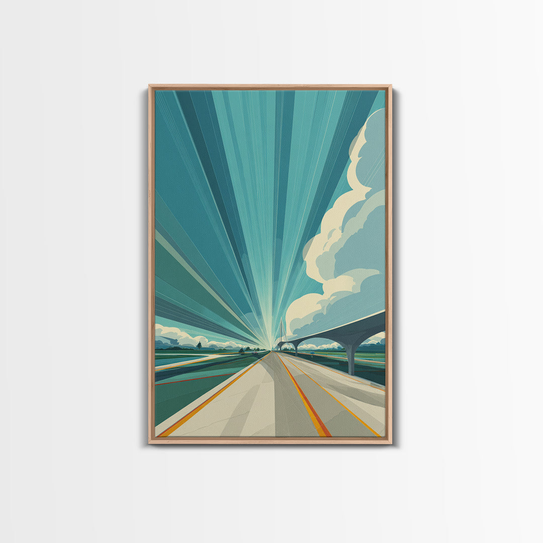 Futuristic Highway Light Rays Wall Art, Retro Modern Poster, Architectural Art, Travel Wall Art, Blue Geometric Office Decor