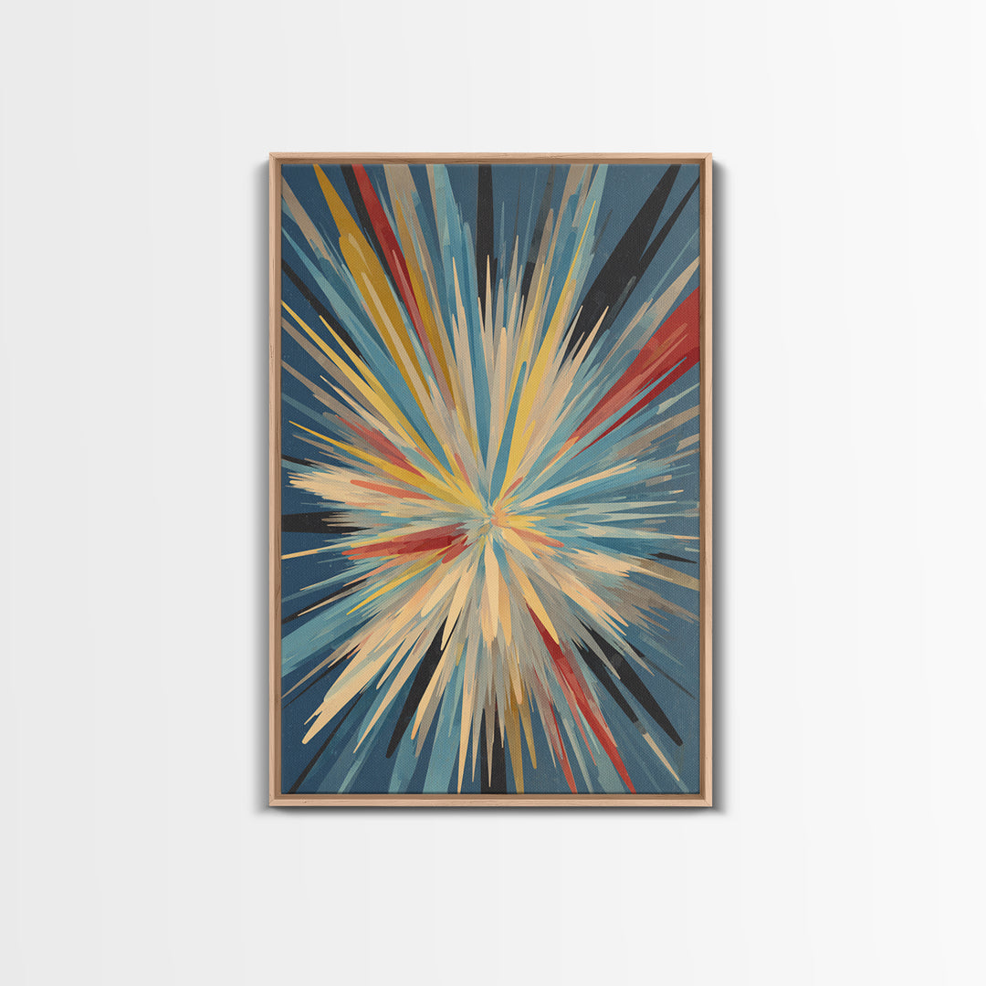 Exploding Abstract Starburst Canvas Print, Modern Wall Art, Colorful Geometric Poster, Blue Red Yellow Midcentury Decor Gift