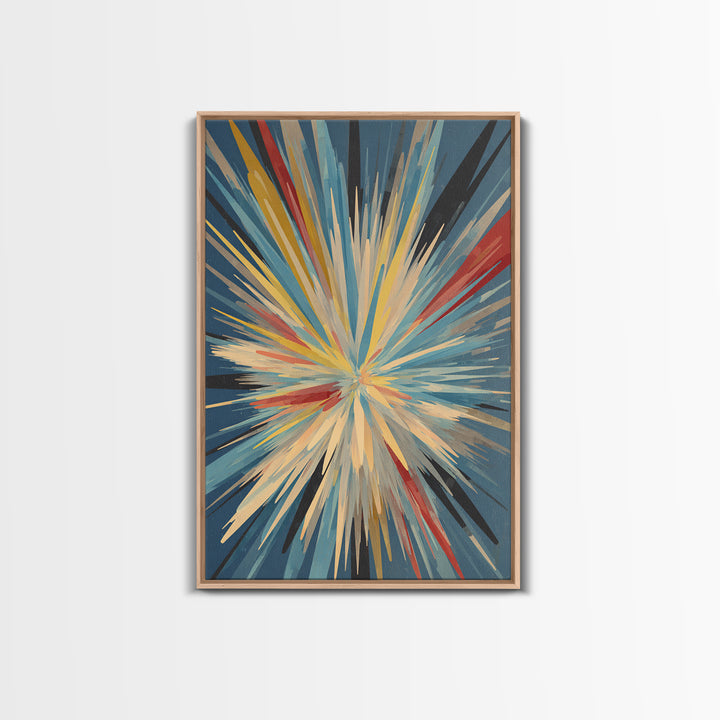 Exploding Abstract Starburst Canvas Print, Modern Wall Art, Colorful Geometric Poster, Blue Red Yellow Midcentury Decor Gift