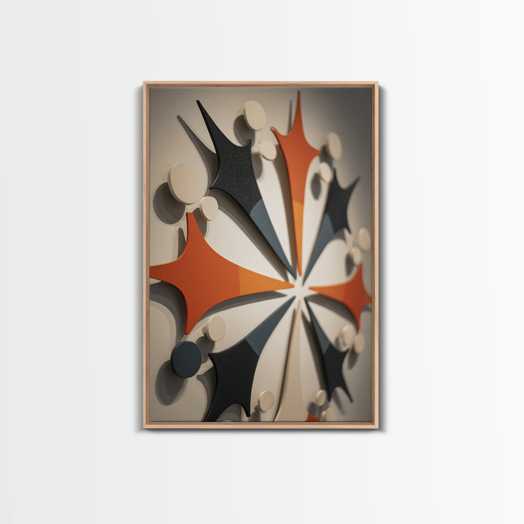 Orange Black Atomic Boomerang Wall Art, Midcentury Modern Decor, Geometric Retro Sculpture Canvas Print, MCM Gallery Poster