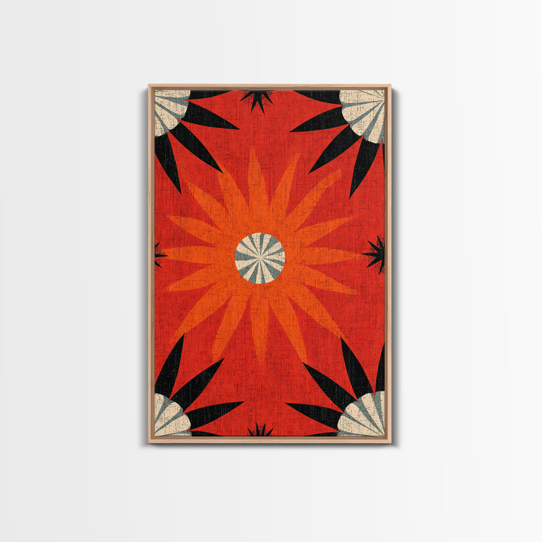 Orange Atomic Sunburst Pattern Wall Art, Midcentury Modern Print, Retro 70s Decor, Geometric Textile Style Bold MCM Poster