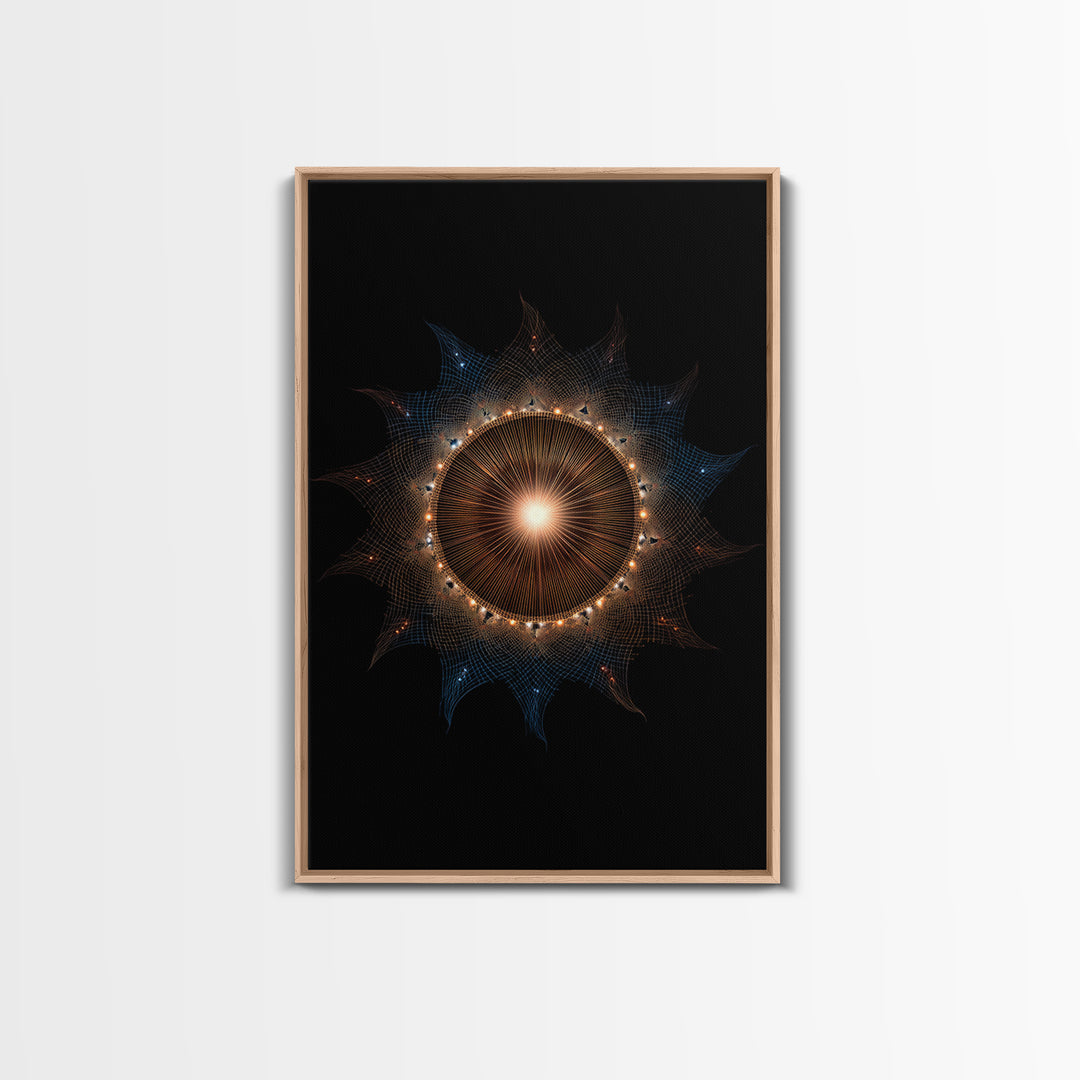 Glowing Eclipse Mandala Wall Art, Modern Abstract Art Print, Cosmic Geometric MCM Decor, Orange Blue Framed Canvas Print