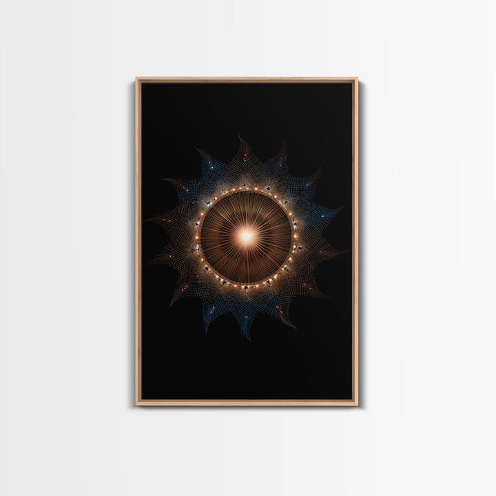 Glowing Eclipse Mandala Wall Art, Modern Abstract Art Print, Cosmic Geometric MCM Decor, Orange Blue Framed Canvas Print