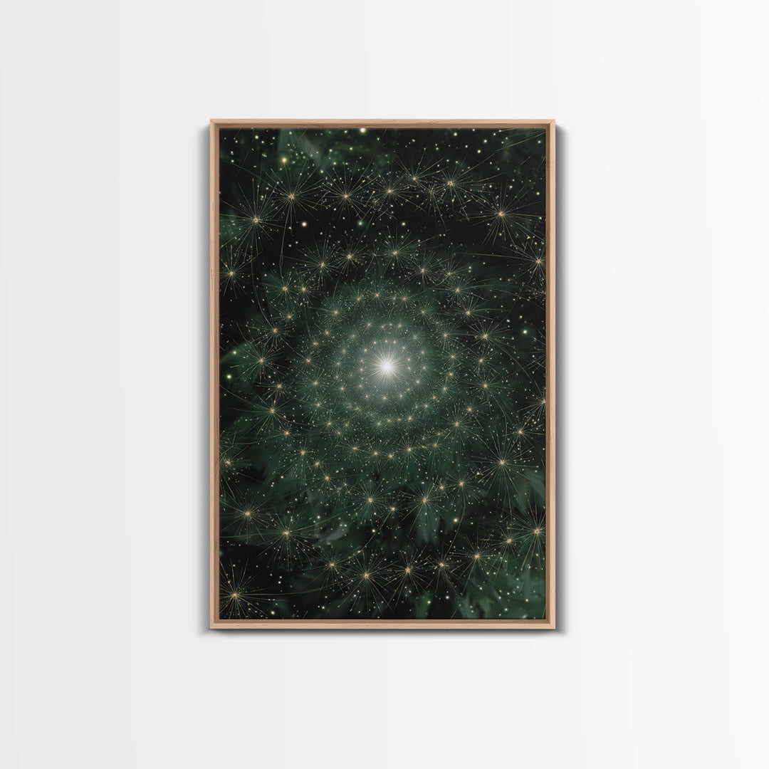Green Celestial Dandelion Starfield Wall Art, Modern Abstract Art Print, Nature Space Decor, Botanical Canvas Print Poster