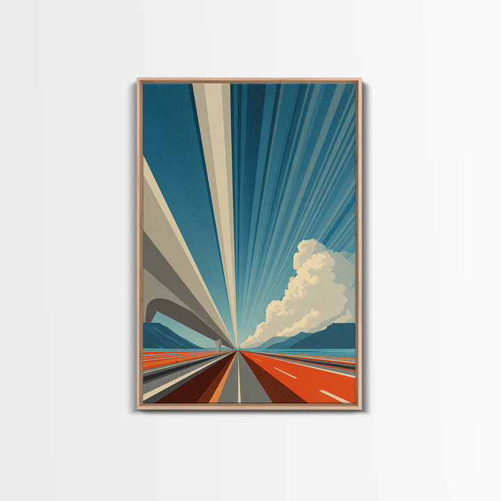 Orange Coastal Highway Perspective Canvas Print, Retro Modern Poster, Architectural Art, Blue Wall Art, Travel Office Decor