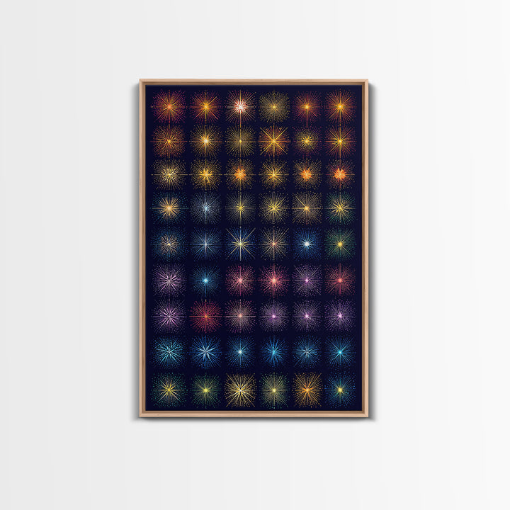 Glowing Starburst Fireworks Grid Wall Art, Midcentury Modern Art Print, Atomic Retro Poster, Dark Navy Living Room Decor