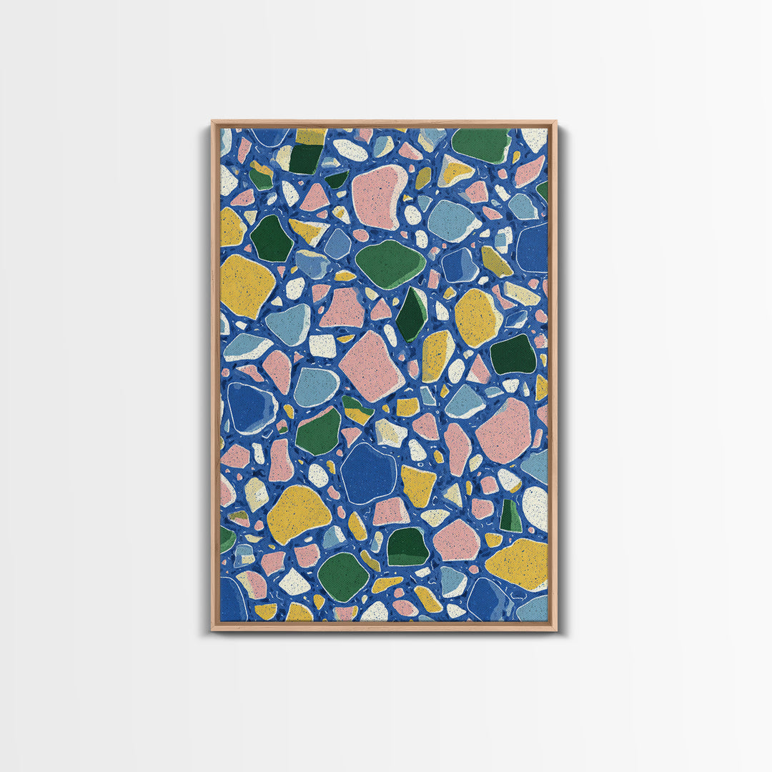 Blue Pebble Terrazzo Mosaic Pattern Canvas Print, Midcentury Modern Wall Art, Colorful Abstract Geometric Home Decor Poster Gift