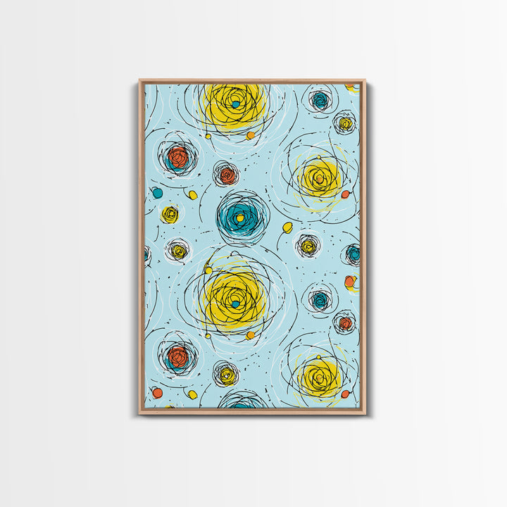 Scribble Spiral Circles On Sky Blue Wall Art, Midcentury Modern Abstract Print, Playful Colorful Geometric Office Home Decor