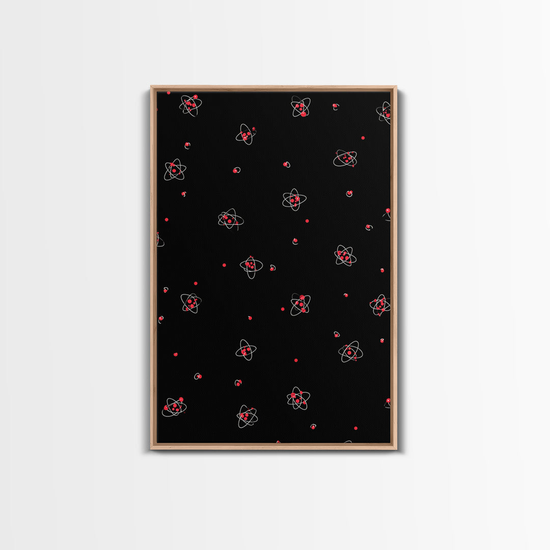 Tiny Red Atomic Dots On Black Canvas Print, Midcentury Modern Art, Retro Science Poster, Space Abstract Wall Decor, MCM Gift