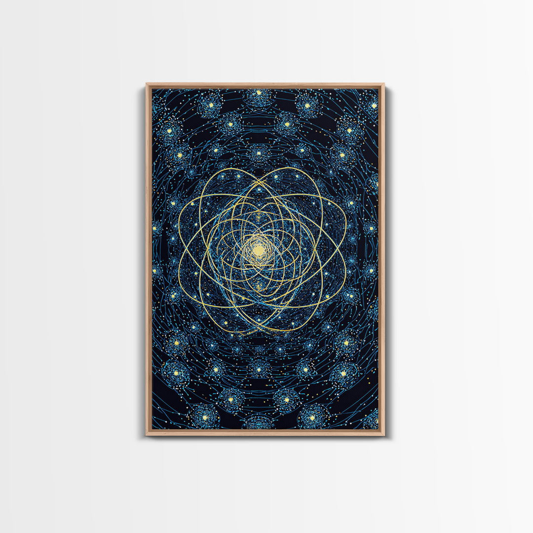 Blue Gold Cosmic Atom Mandala Wall Art, Midcentury Modern Art, Space Abstract Art, Geometric Wall Decor For Home Office, MCM Print