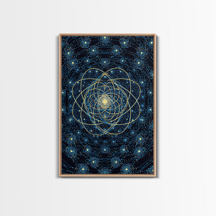 Blue Gold Cosmic Atom Mandala Wall Art, Midcentury Modern Art, Space Abstract Art, Geometric Wall Decor For Home Office, MCM Print