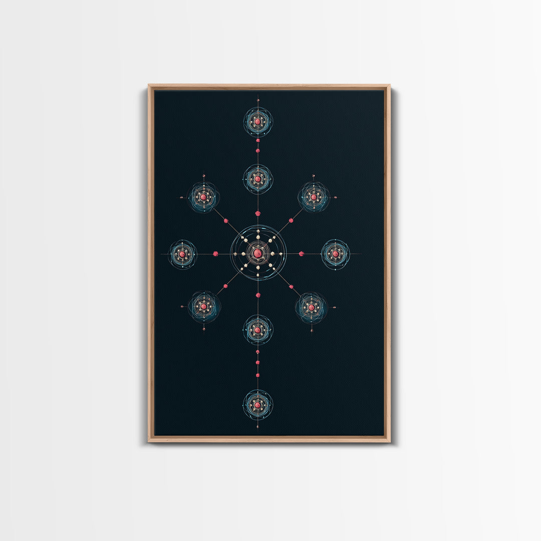 Dark Teal Atomic Molecule Diagram Framed Canvas Print, Modern Abstract Art, Midcentury Wall Art, Geometric Office Wall Decor