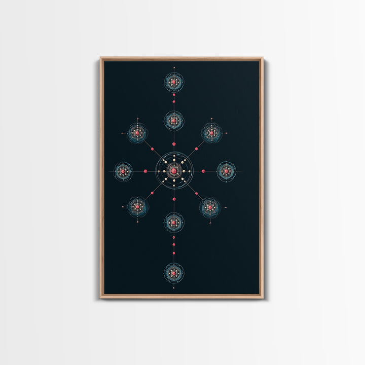 Dark Teal Atomic Molecule Diagram Framed Canvas Print, Modern Abstract Art, Midcentury Wall Art, Geometric Office Wall Decor