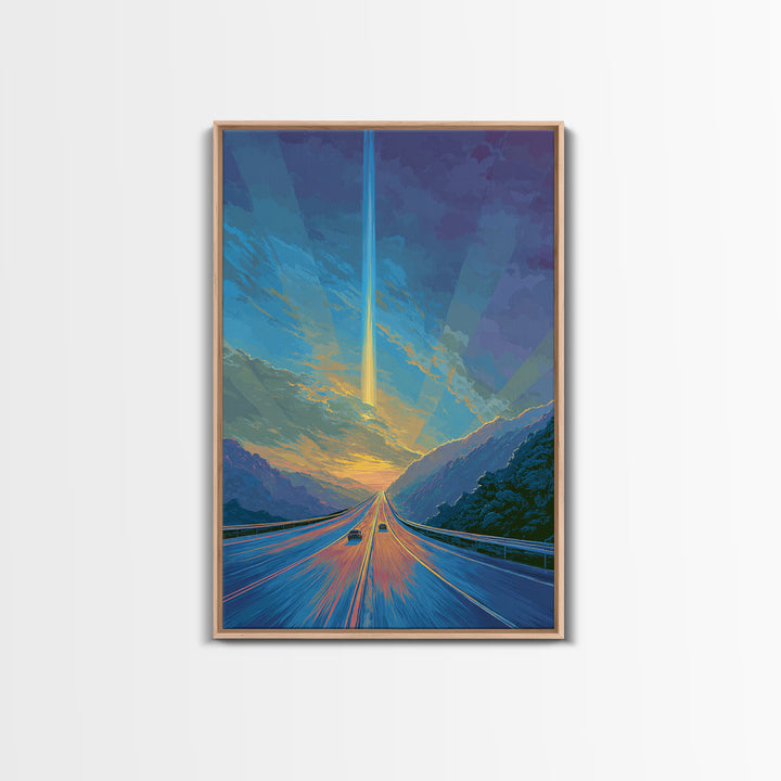 Mountain Highway Sunset Beam Canvas Print, Scenic Travel Wall Art, Modern Digital Art, Blue Orange Landscape Office Decor