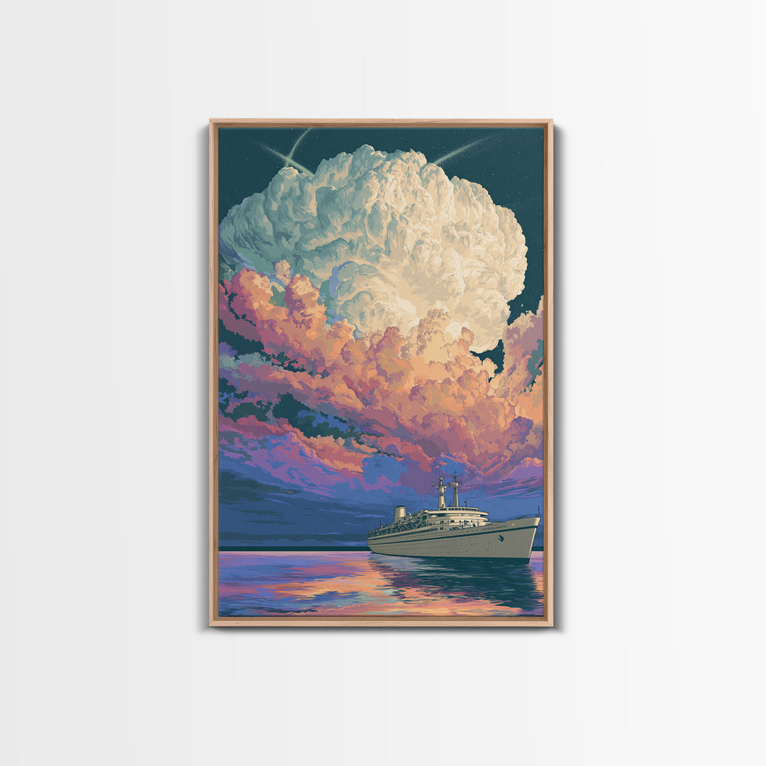 Ocean Liner Under Pastel Cloudscape Wall Art, Modern Art Print, Scenic Sunset Poster, Coastal Home Decor, Living Room Art