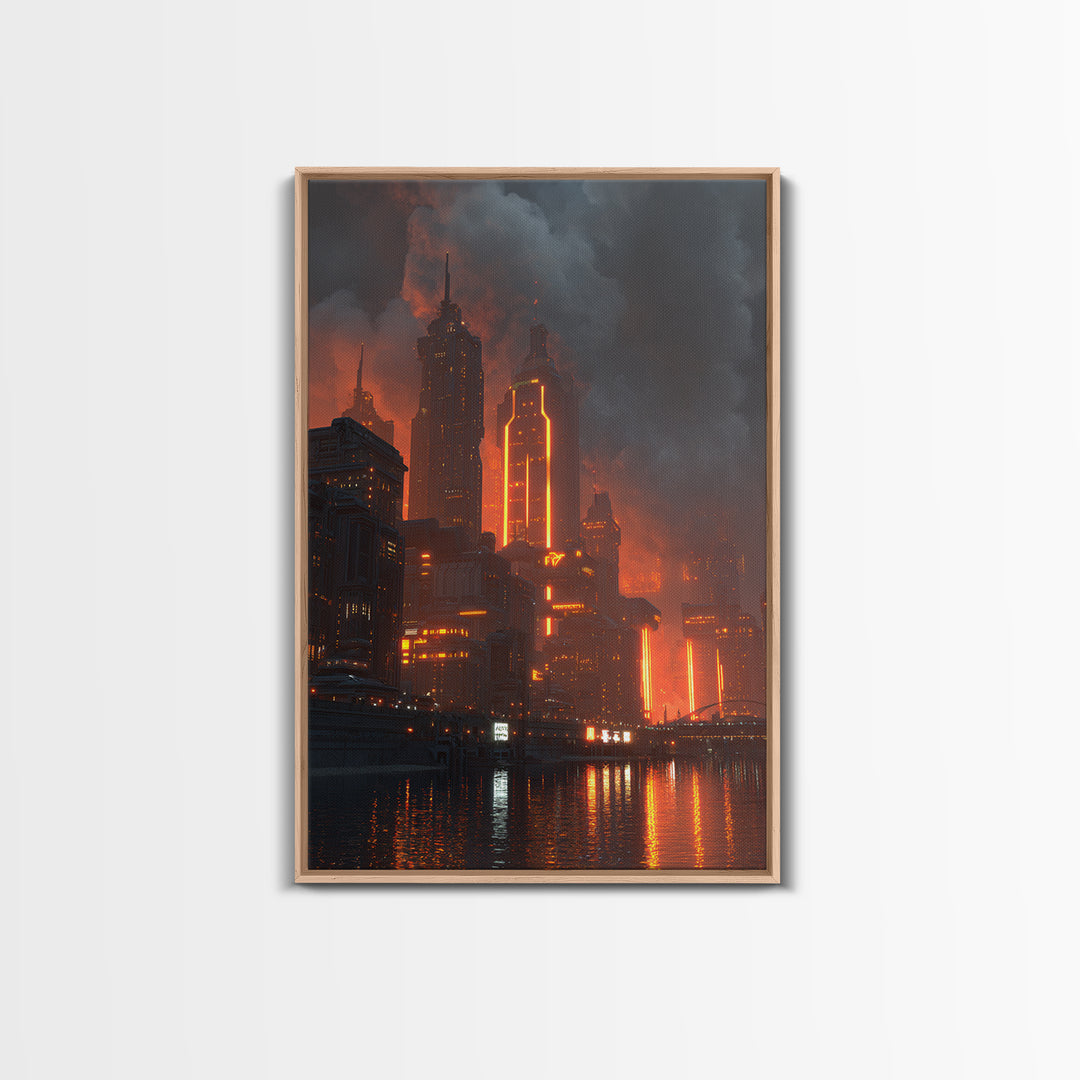 Burning Neon Futuristic Skyline Framed Canvas Print, Modern Wall Art, Dark Sci Fi City Poster, Orange Black Industrial Decor