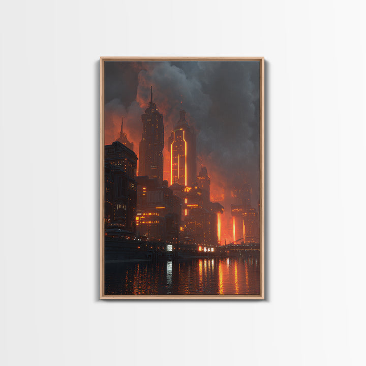Burning Neon Futuristic Skyline Framed Canvas Print, Modern Wall Art, Dark Sci Fi City Poster, Orange Black Industrial Decor