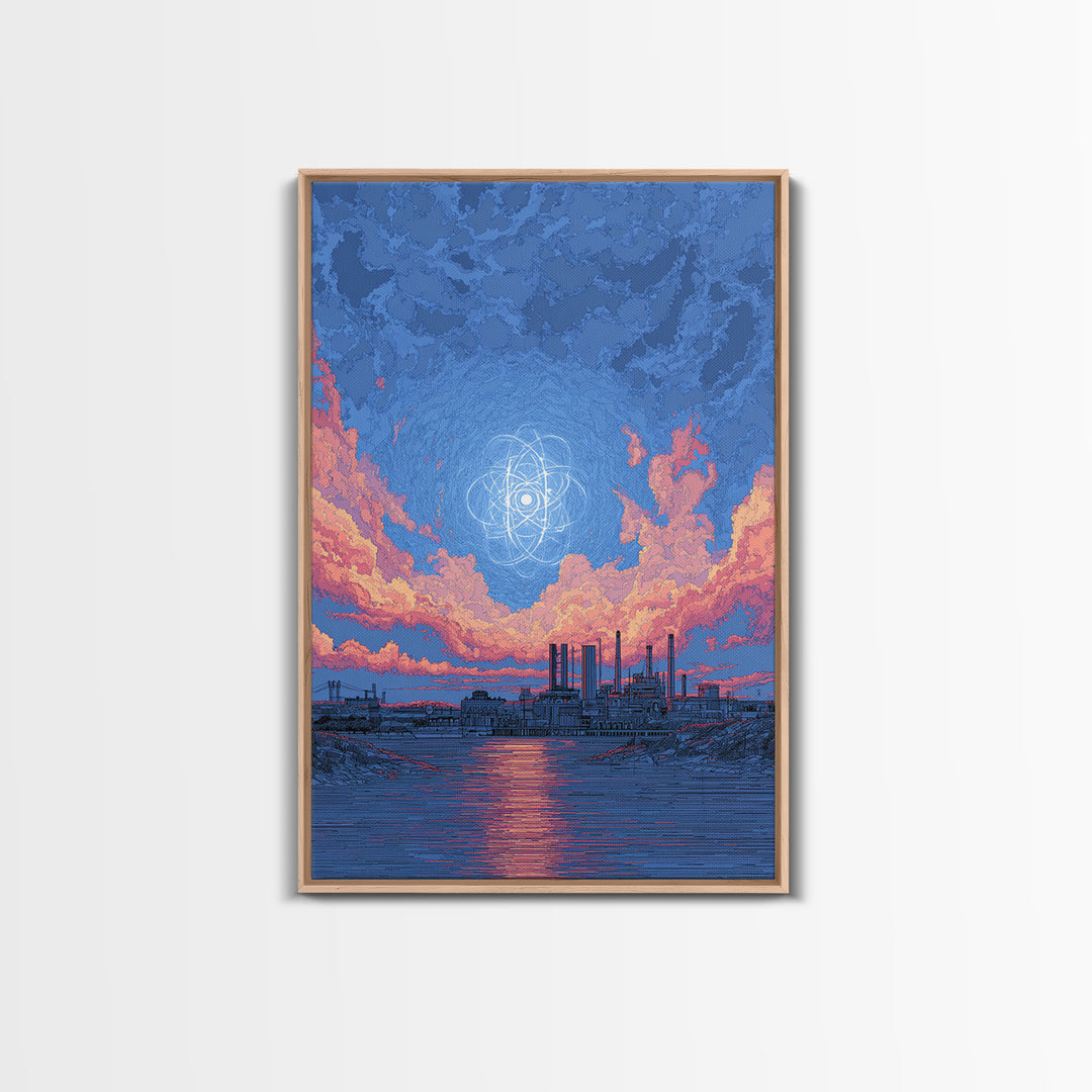 Industrial Waterfront With Atomic Pink Clouds Canvas Print, Mid Century Modern Wall Art, Retro Sci Fi Poster, Blue Wall Decor