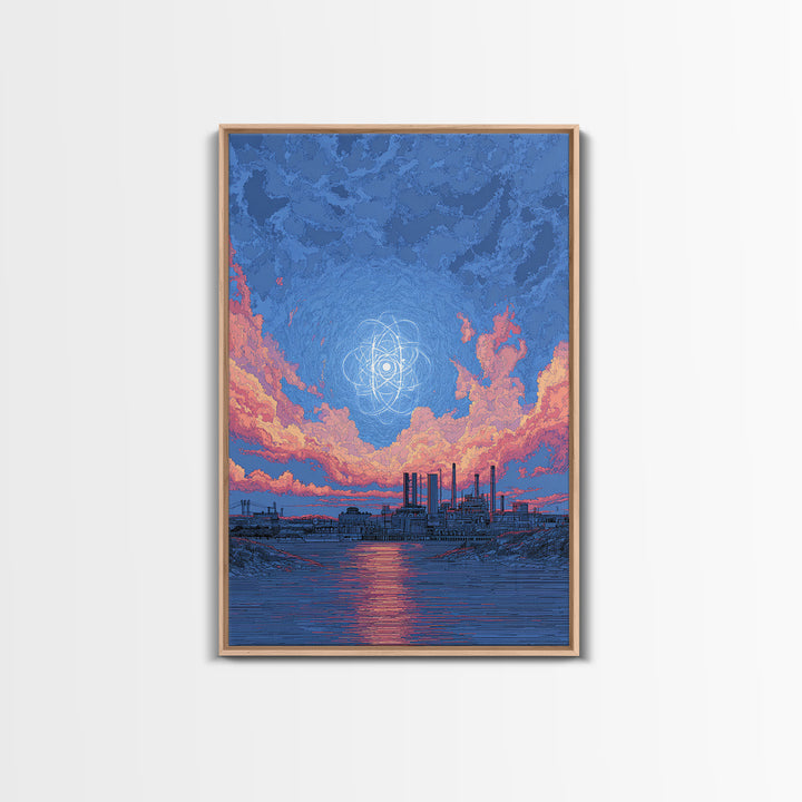 Industrial Waterfront With Atomic Pink Clouds Canvas Print, Mid Century Modern Wall Art, Retro Sci Fi Poster, Blue Wall Decor