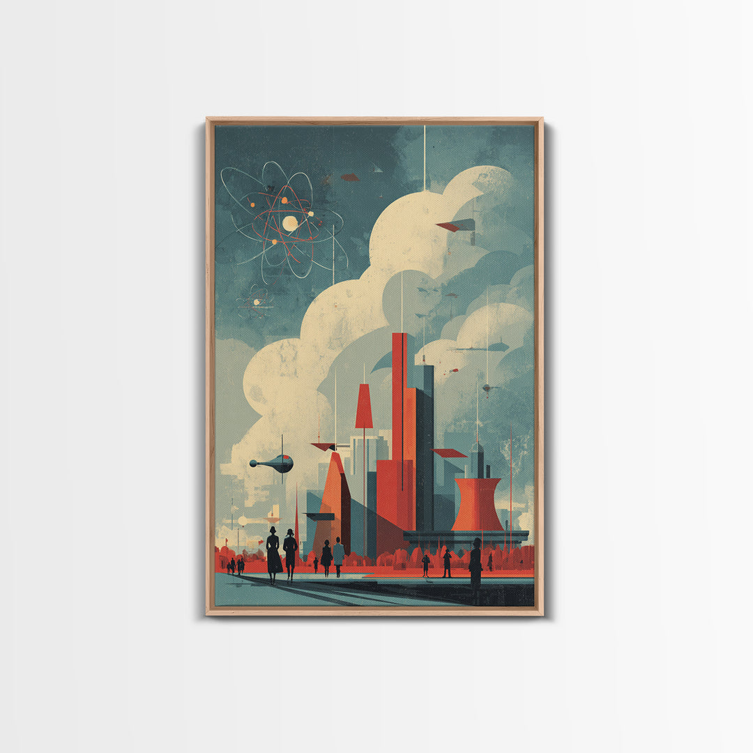 Retro Futuristic City With Red Towers Canvas Print, Mid Century Modern Wall Art, Atomic Sci Fi Poster, Geometric Home Decor