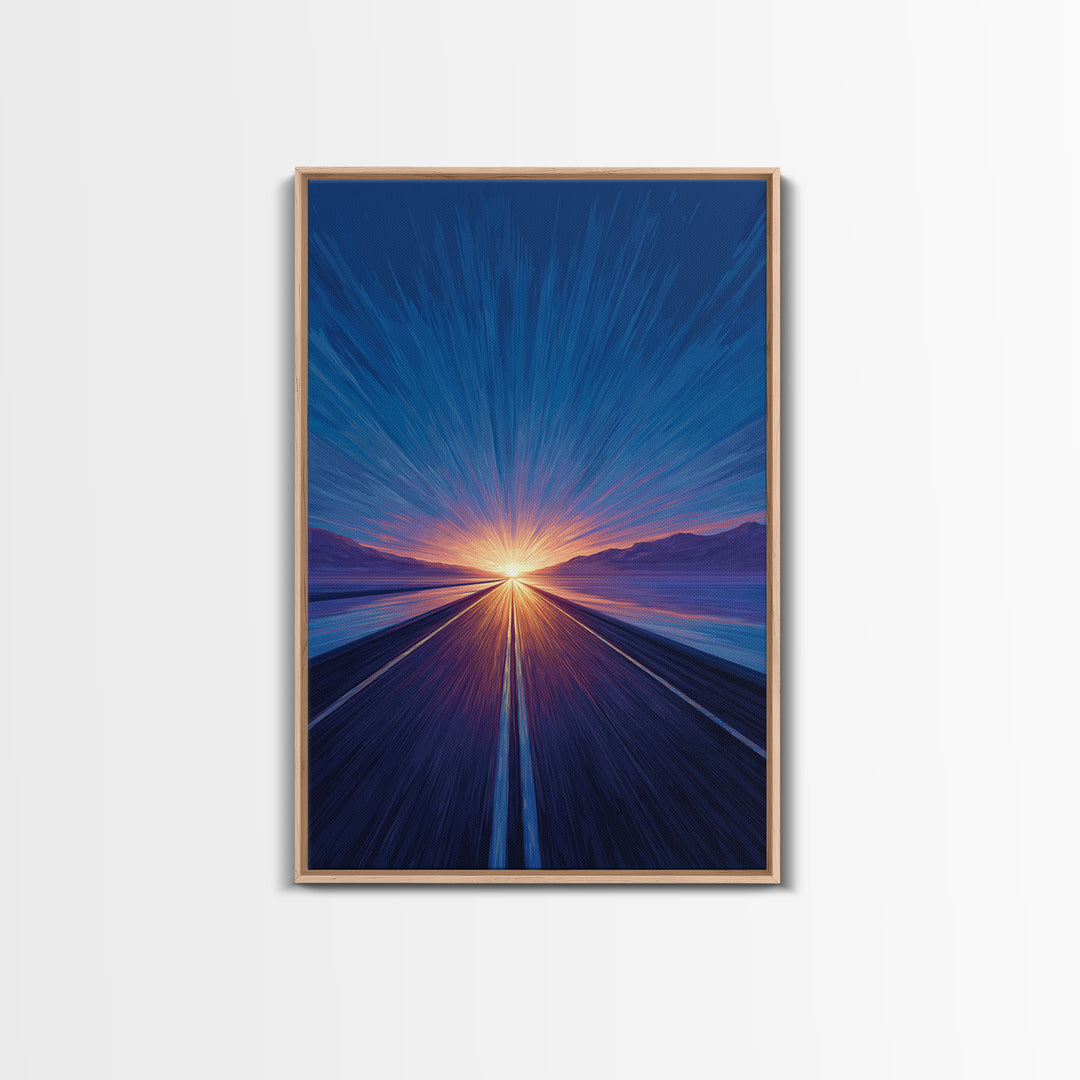 Blue Lakeside Sunset Road Canvas Print, Modern Wall Art, Scenic Travel Poster, Large Abstract Art, Bedroom Home Decor Gift