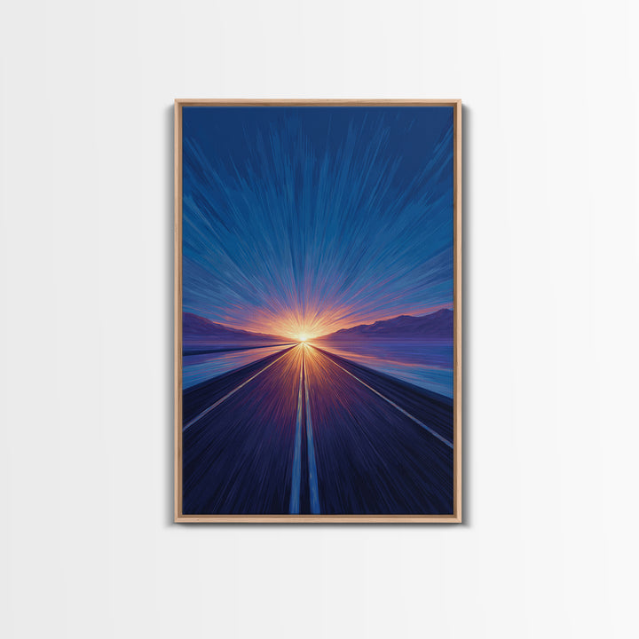 Blue Lakeside Sunset Road Canvas Print, Modern Wall Art, Scenic Travel Poster, Large Abstract Art, Bedroom Home Decor Gift