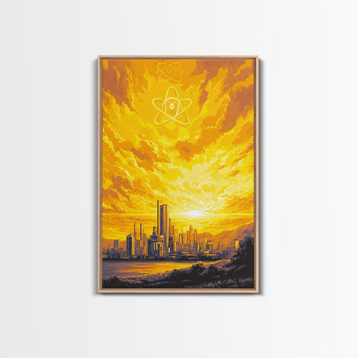 Golden Atomic Skyline At Sunset Framed Canvas Print, Mid Century Modern Wall Art, Yellow Poster, Retro Futuristic City Decor