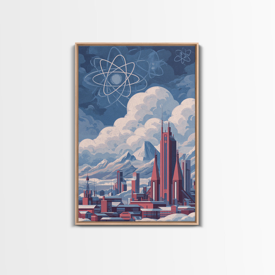Atomic Futuristic City Under Clouds Wall Art, Retro Sci Fi Skyline, Midcentury Modern Art, Space Age Decor, MCM Poster Prints