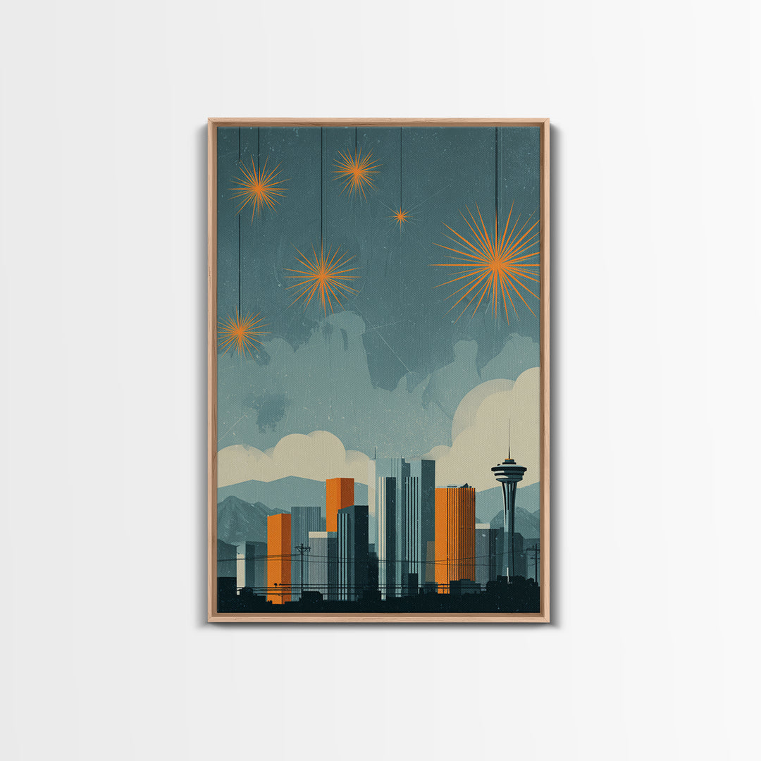 Seattle Skyline With Orange Starbursts Wall Art, Midcentury Modern Decor, Space Needle Print, Retro Cityscape Poster Home Decor