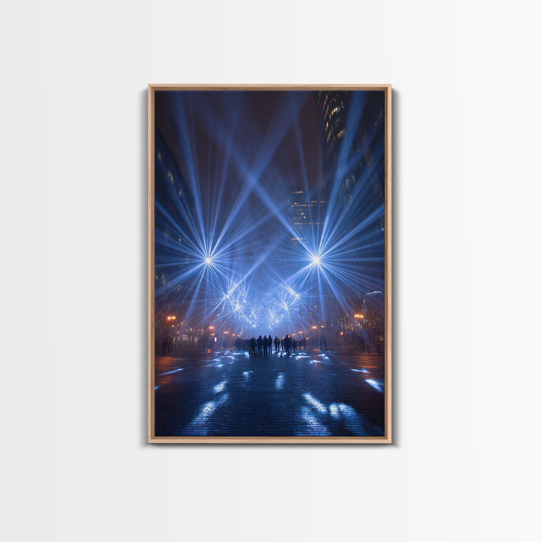 Rainy Night City Light Beams Wall Art, Modern Urban Photography Print, Blue Black Office Decor, Dramatic Skyline Poster Print