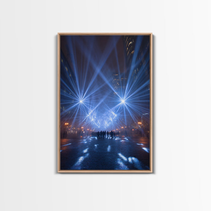 Rainy Night City Light Beams Wall Art, Modern Urban Photography Print, Blue Black Office Decor, Dramatic Skyline Poster Print