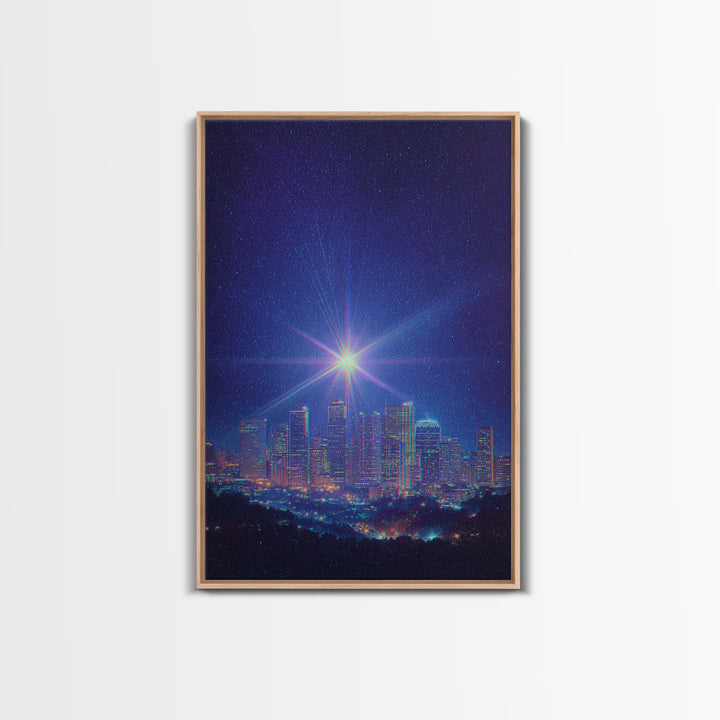 Bright Star Over Night Skyline Canvas Print, Modern Wall Art, Blue City Lights Poster, Space Abstract Art, Bedroom Decor Print