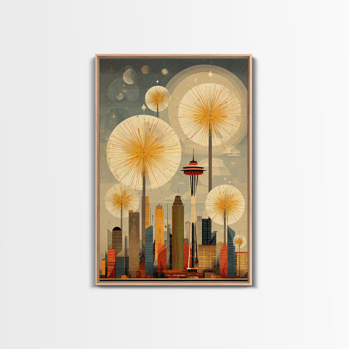 Seattle Space Needle Sunbursts Wall Art, Midcentury Modern Art, Retro City Skyline Poster, Atomic MCM Home Decor Print Gift