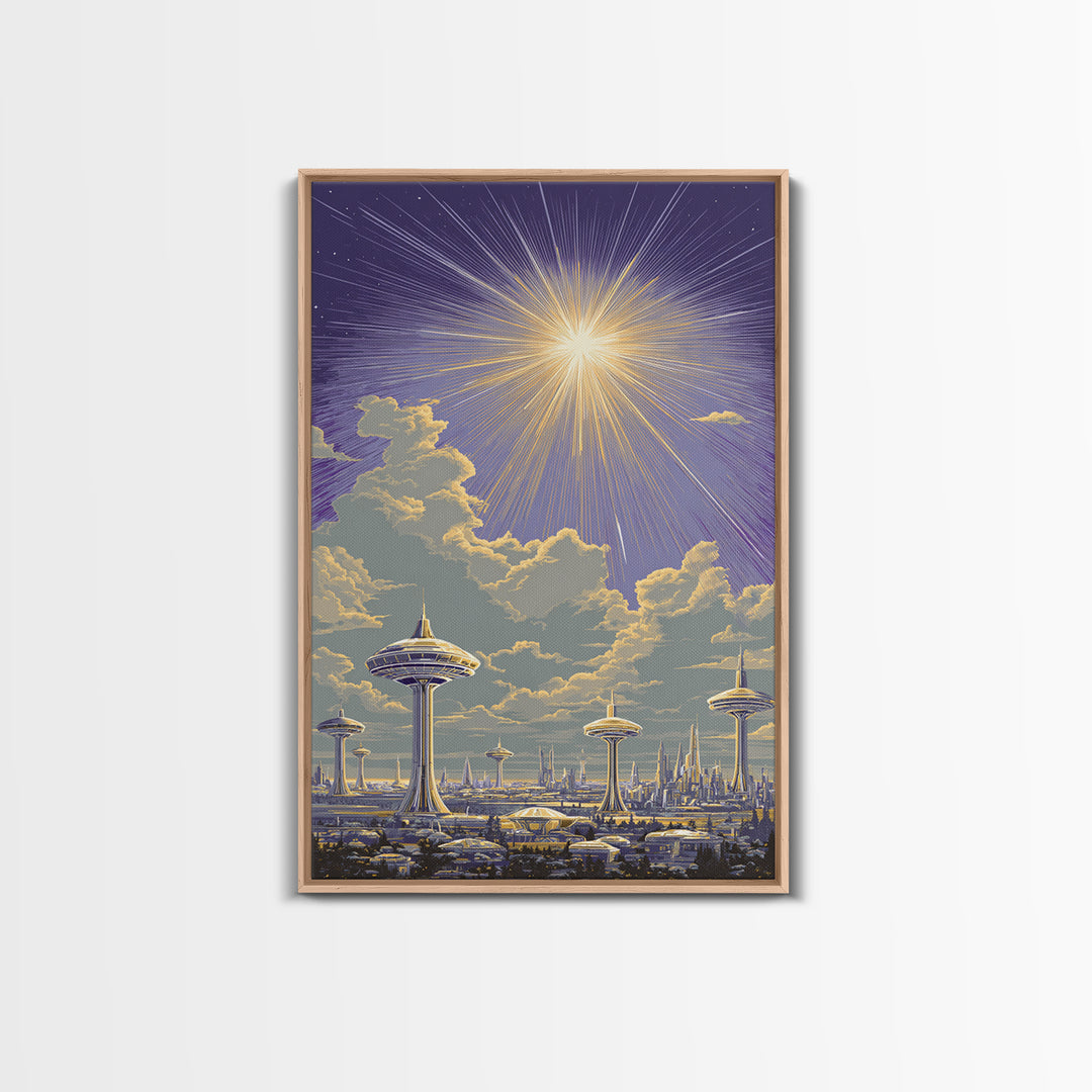 Futuristic Utopia City With Radiant Sun Canvas Print, Retro Sci Fi Wall Art, Space Age Skyline, Modern Home Decor Office Poster Print