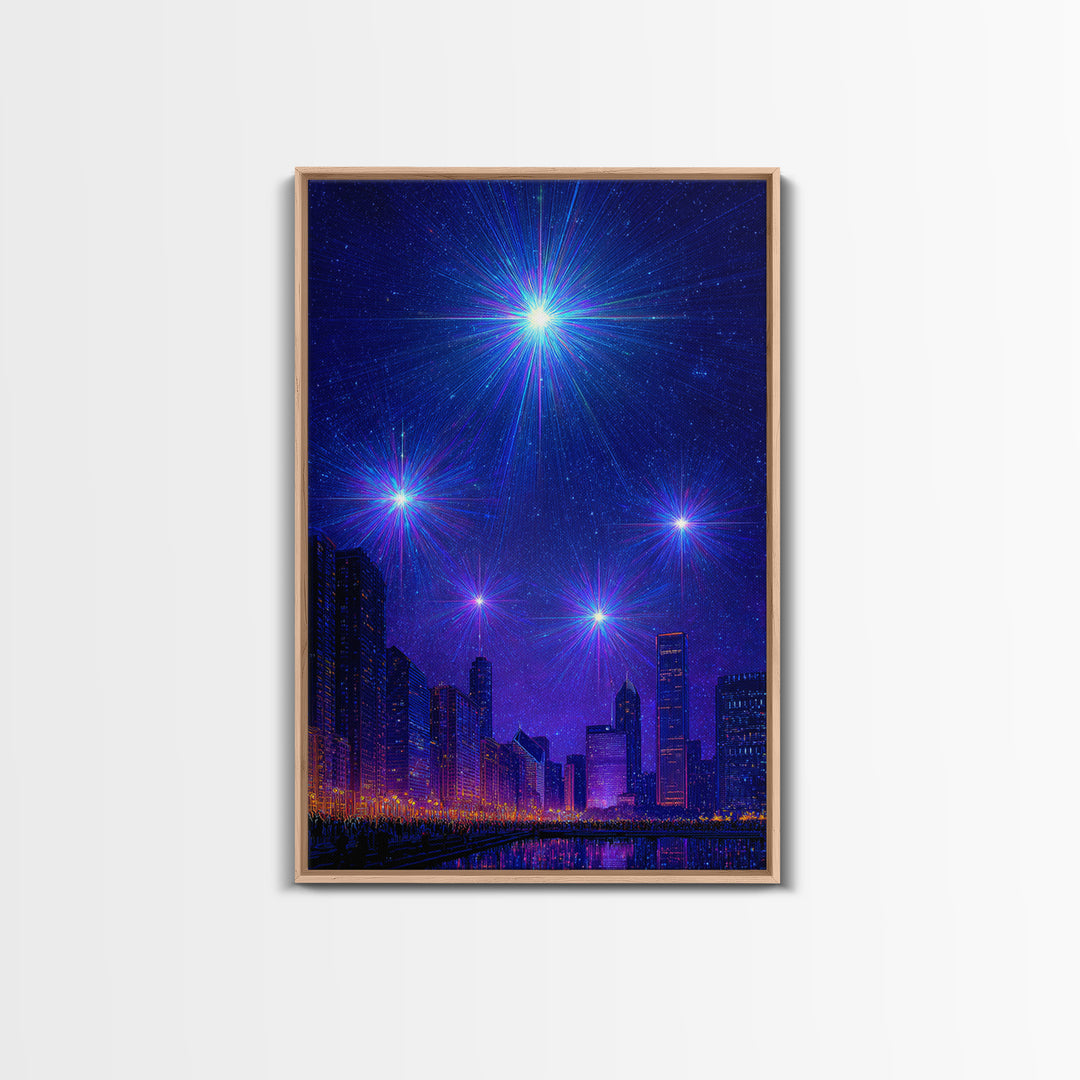 Blue Purple Starburst Night Skyline Wall Art, Modern Abstract Art, City Lights Poster, Space Digital Art, Home Office Decor