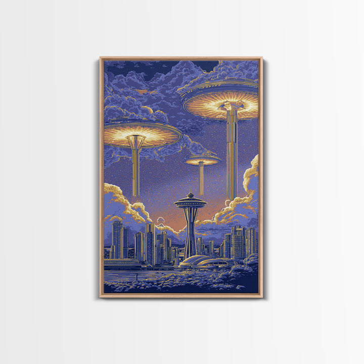 Floating Saucer Towers Above Skyline Framed Canvas Print, Retro Sci Fi Wall Art, Futuristic City Decor, Space Age Poster Print