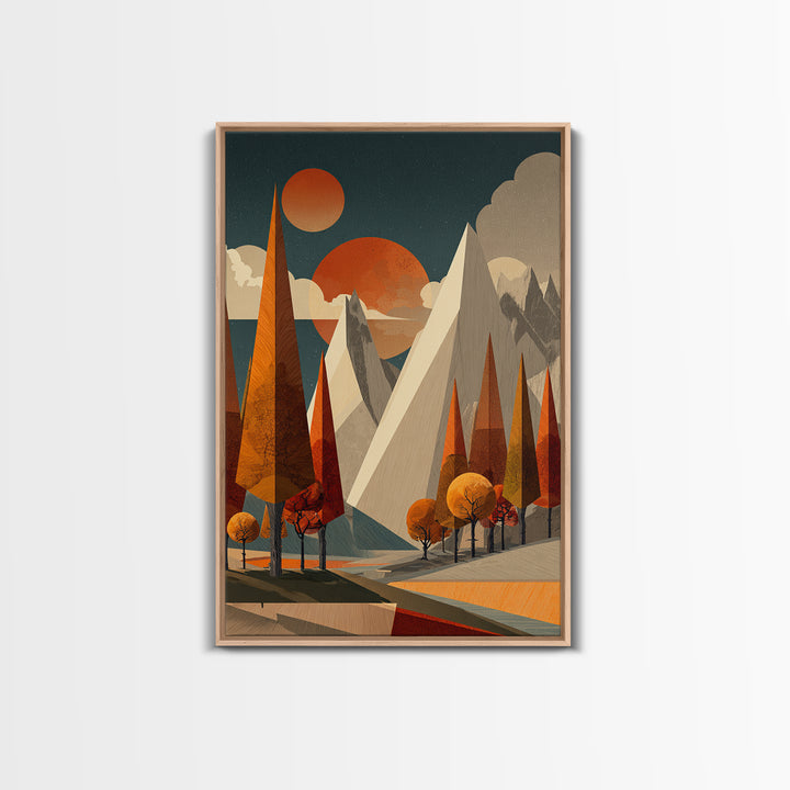 Orange Suns Alpine Peaks Wall Art, Midcentury Modern Mountain Print, Retro Geometric Landscape, MCM Cabin Decor For Living Room