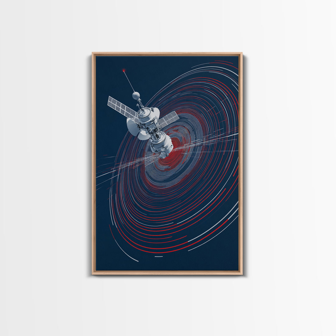 Orbiting Satellite With Red Signal Rings Wall Art, Modern Sci Fi Poster, Space Abstract Art Print, Futuristic Office Decor