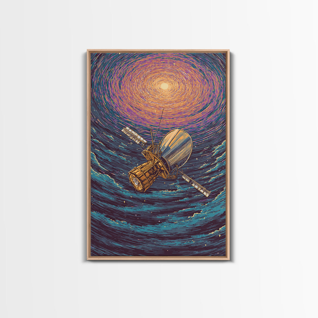 Golden Satellite In Starry Vortex Framed Canvas Print, Space Abstract Wall Art, Modern Sci Fi Poster, Cosmic Retro Decor