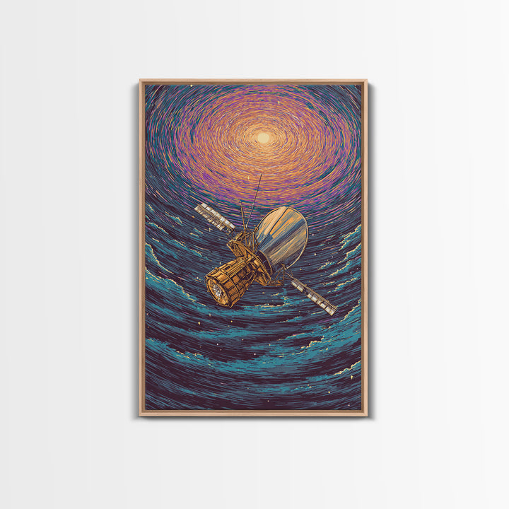 Golden Satellite In Starry Vortex Framed Canvas Print, Space Abstract Wall Art, Modern Sci Fi Poster, Cosmic Retro Decor
