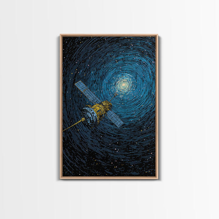Blue Satellite Drifting Through Star Vortex Canvas Print, Modern Space Wall Art, Sci Fi Poster, Astronomy Office Decor Gift