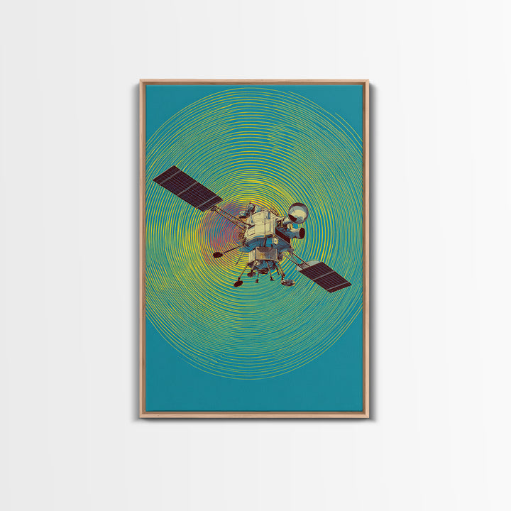 Lunar Probe With Neon Signal Waves Wall Art, Midcentury Modern Space Poster, Colorful Sci Fi Print, Retro Office Decor Gift