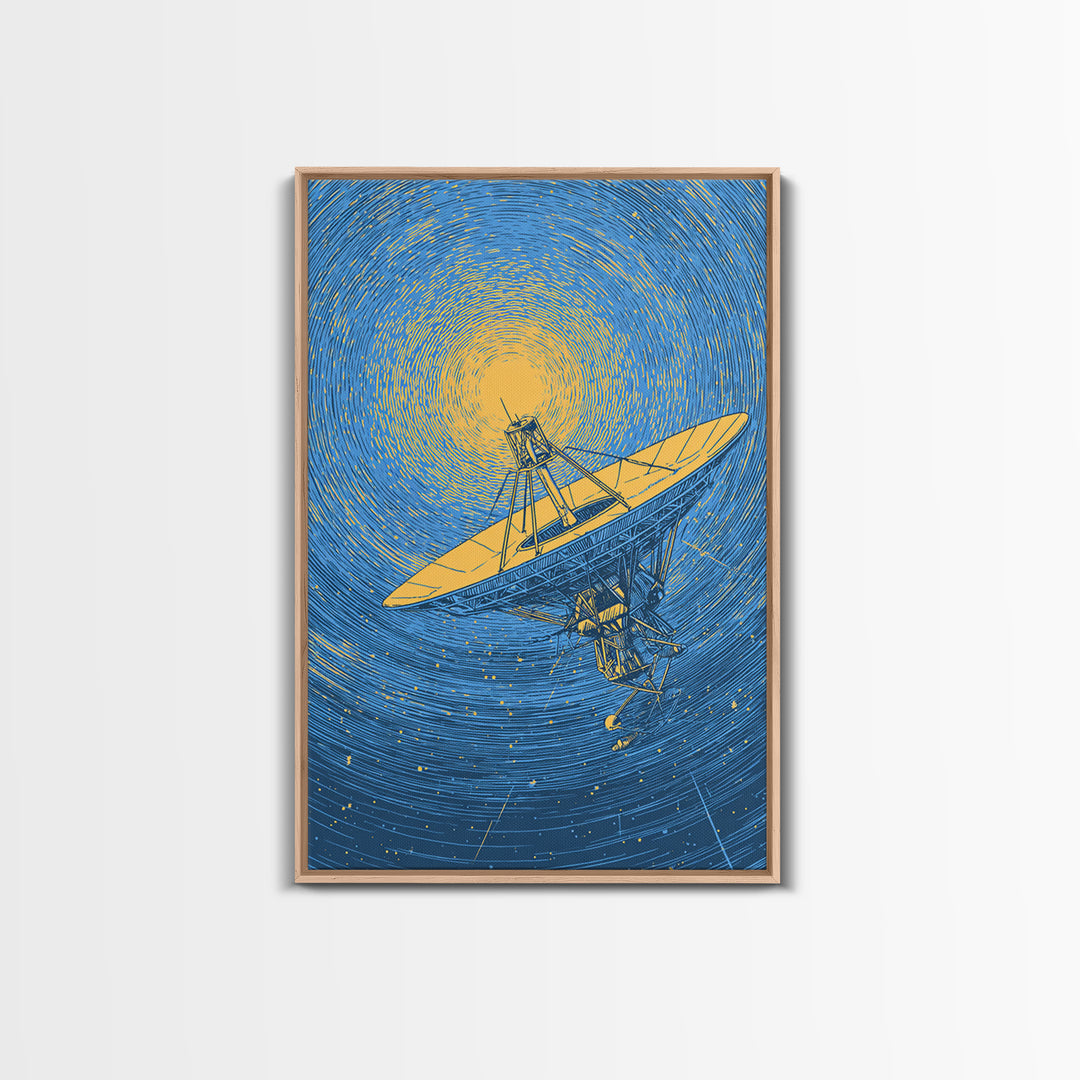 Radio Telescope Beneath Swirling Sun Canvas Print, Modern Space Wall Art, Astronomy Poster, Blue Midcentury Decor Gift Idea