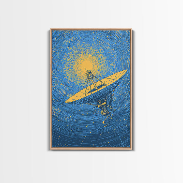 Radio Telescope Beneath Swirling Sun Canvas Print, Modern Space Wall Art, Astronomy Poster, Blue Midcentury Decor Gift Idea